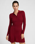 Express Women's Ribbed Long Sleeve Mini Fit And Flare Polo Sweater Dress in Red Small