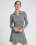 Express Women's Ribbed Long Sleeve Mini Fit And Flare Polo Sweater Dress in Gray Small
