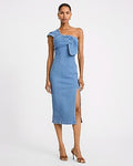 Express Women's Denim One Shoulder Fold Over Ruched Side Slit Midi Dress in Light Wash
