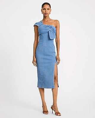 Express Women's Denim One Shoulder Fold Over Ruched Side Slit Midi Dress in Light Wash