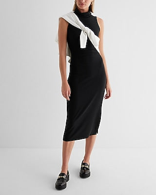 Express Women's Ribbed Mock Neck Sleeveless Midi Dress in Pitch Black