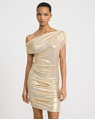Express Women's Metallic Asymmetrical Ruched Mini Dress in Brown Small