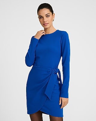 Express Women's Crepe Crew Neck Long Sleeve Tie Wrap Mini Dress in Blue Small