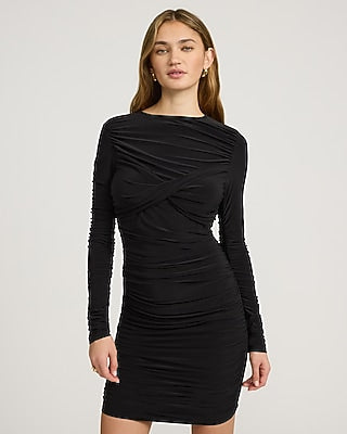 Express Women's Crew Neck Long Sleeve Twist Front Ruched Mini Dress in Pitch Black