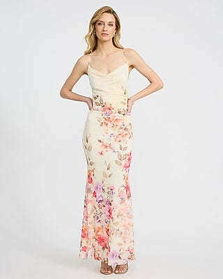 Express Women's Floral Mesh Cowl Neck Strappy Low Back Maxi Dress in Yellow Small