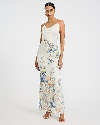 Express Women's Floral Mesh Cowl Neck Strappy Low Back Maxi Dress in Blue Print