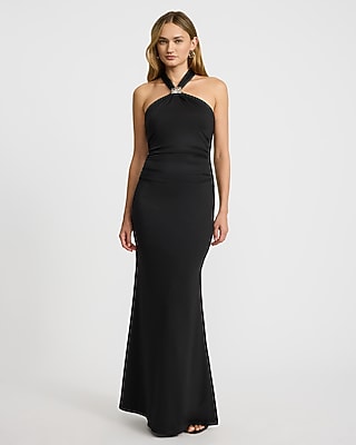 Express Women's Halter Sleeveless Hardware Open Back Ruched Maxi Dress in Black Small