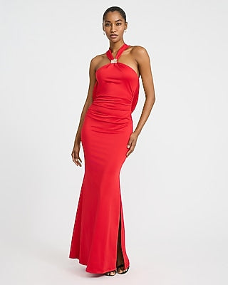 Express Women's Halter Sleeveless Hardware Open Back Ruched Maxi Dress in Red Small