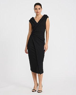 Express Women's Crepe V-Neck Cap Sleeve Surplice Midi Dress in Pitch Black