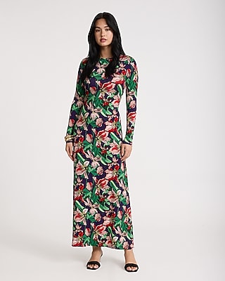 Express Women's Floral Long Sleeve Back Cutout Maxi Dress in Purple Print