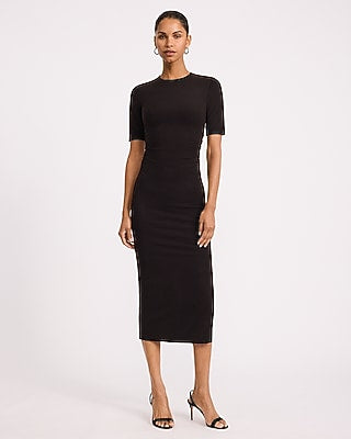 Express Women's Ribbed Crew Neck Short Sleeve Ruched Maxi Dress in Black Small