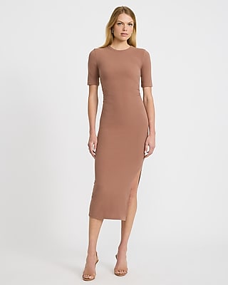 Express Women's Ribbed Crew Neck Short Sleeve Ruched Maxi Dress in Mocha