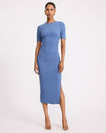 Express Women's Ribbed Crew Neck Short Sleeve Ruched Maxi Dress in Blue Small