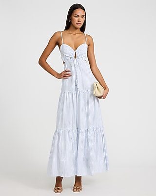 Express Women's Printed Sweetheart Tie Back Tiered Maxi Dress in Navy Stripe