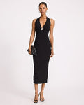Express Women's Halter V-Neck Gold Hardware Ruched Midi Dress in Black Small