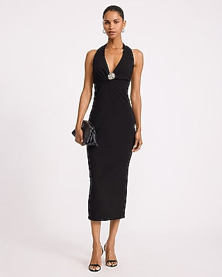 Express Women's Halter V-Neck Gold Hardware Ruched Midi Dress in Black Small