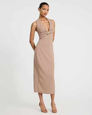 Express Women's Halter V-Neck Gold Hardware Ruched Midi Dress in Mocha
