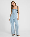 Express Women's Strapless Corset Button Front Wide Leg Palazzo Denim Jumpsuit With Pockets in Light Wash