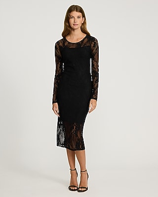 Express Women's Lace Crew Neck Long Sleeve Midi Dress in Pitch Black