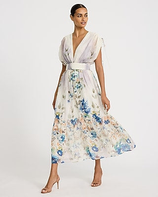 Express Women's Floral Chiffon V-Neck Tie Back Maxi Dress Small