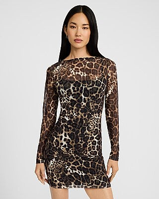 Express Women's Leopard Mesh Boat Neck Long Sleeve Mini Dress in Neutral Print
