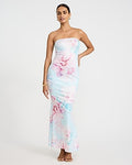 Express Women's Mesh Floral Strapless Maxi Tube Dress in Blue Print