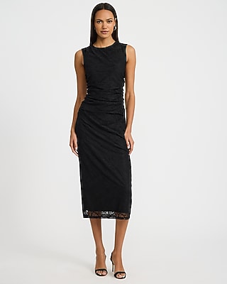 Express Women's Lace Crew Neck Ruched Midi Dress in Black Small