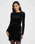 Express Women's Velvet Crew Neck Long Sleeve Ruched Wrap Mini Dress in Black Small