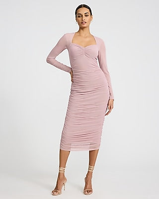 Express Women's Mesh Sweetheart Neckline Ruched Long Sleeve Midi Dress in Rose