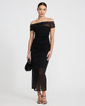 Express Women's Mesh Off The Shoulder Ruched Maxi Dress in Pitch Black