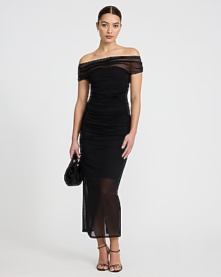 Express Women's Mesh Off The Shoulder Ruched Maxi Dress in Pitch Black
