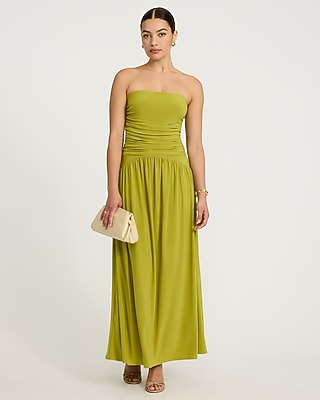 Express Women's Strapless Drop Waist Ruched Maxi Fit And Flare Dress in Chartreuse