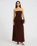 Express Women's Strapless Drop Waist Ruched Maxi Fit And Flare Dress in Brown Small
