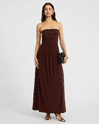 Express Women's Strapless Drop Waist Ruched Maxi Fit And Flare Dress in Brown Small