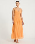 Express Women's V-Neck Ruched Drop Waist Knit Maxi Dress With Pockets in Brightest Marigold