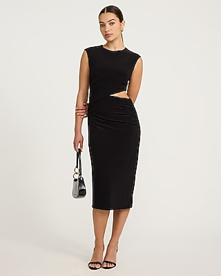 Express Women's Crew Neck Cap Sleeve Ruched Cutout Midi Dress in Pitch Black