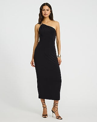 Express Women's One Shoulder Gold Hardware Maxi Dress in Black Small