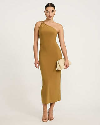 Express Women's One Shoulder Gold Hardware Maxi Dress in Mustard