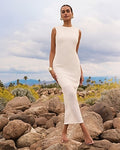 Express Women's Textured Knit Crew Neck Sleeveless Maxi Dress in White Small