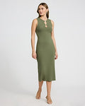 Express Women's Ribbed Knit Gold Hardware Cutout Midi Dress in Green