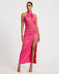 Express Women's Mixed Media Halter Twist Drop Waist Maxi Dress in Light Yellow