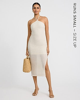 Express Women's Open Stitch Knit Crochet Halter Neck Midi Dress in Ivory