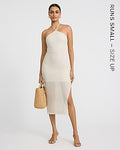 Express Women's Open Stitch Knit Crochet Halter Neck Midi Dress in White Small