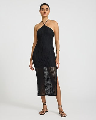 Express Women's Open Stitch Knit Crochet Halter Neck Midi Dress in Black Small