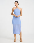 Express Women's Open Stitch Knit Crochet Halter Neck Midi Dress in Blue Small