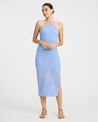 Express Women's Open Stitch Knit Crochet Halter Neck Midi Dress in Blue Small