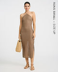 Express Women's Open Stitch Knit Crochet Halter Neck Midi Dress in Brown Small
