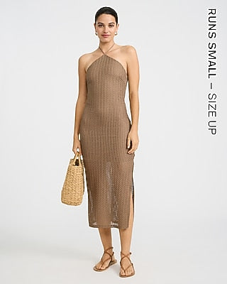 Express Women's Open Stitch Knit Crochet Halter Neck Midi Dress in Brown Small