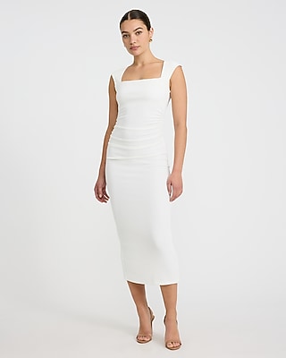 Express Women's Ribbed Knit Cap Sleeve Ruched Midi Dress in White Small
