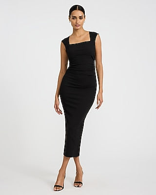 Express Women's Ribbed Knit Cap Sleeve Ruched Midi Dress in Black Small